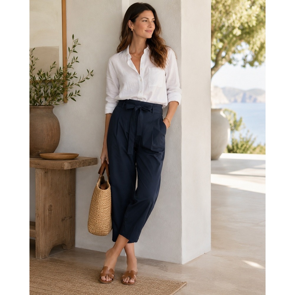 Max Mara ATTILIO Trousers Women 4 Blue Belted Pleated Cotton Poplin Pants